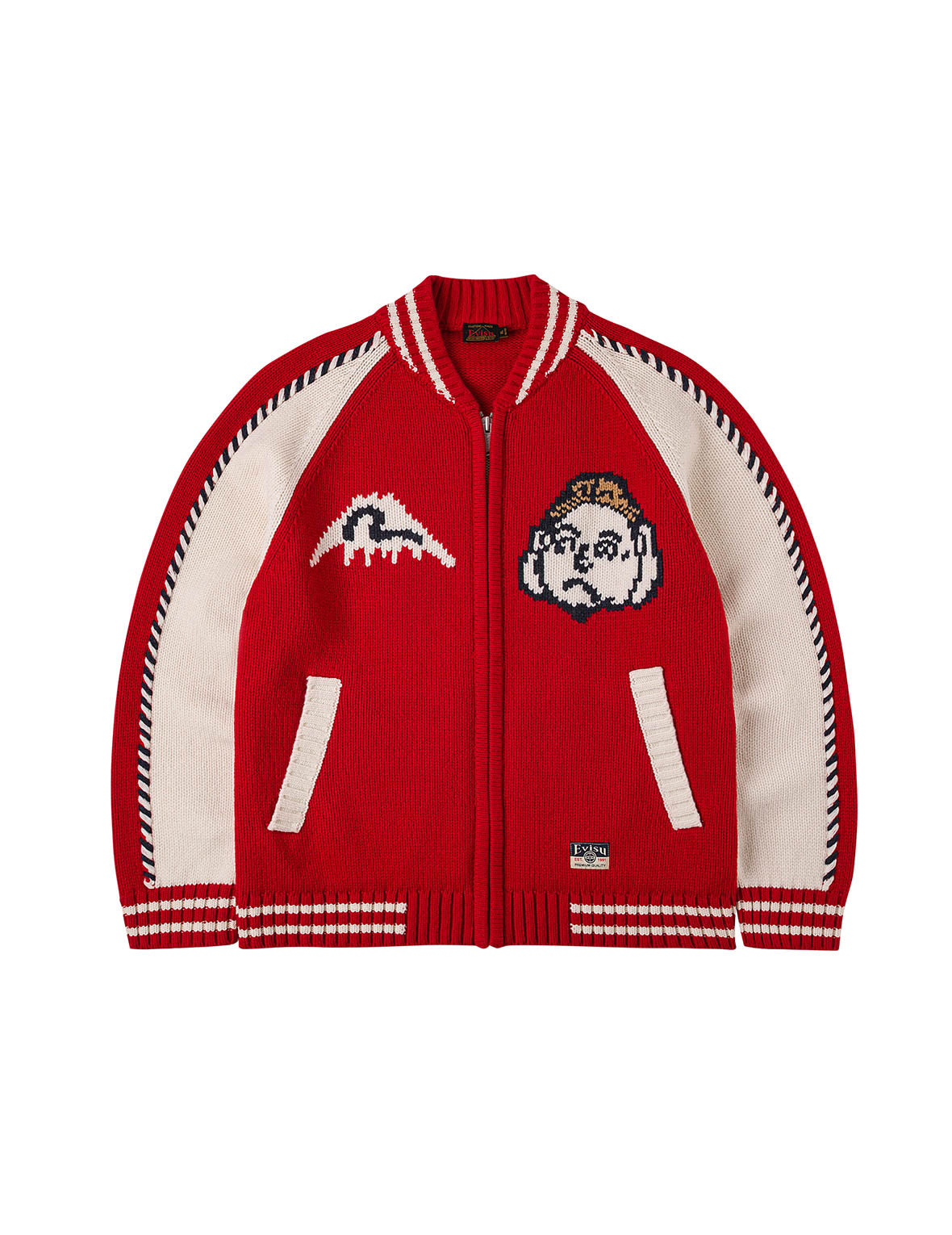 へのへのもへじ仏頭編み込みニット リラックスフィット カーディガン